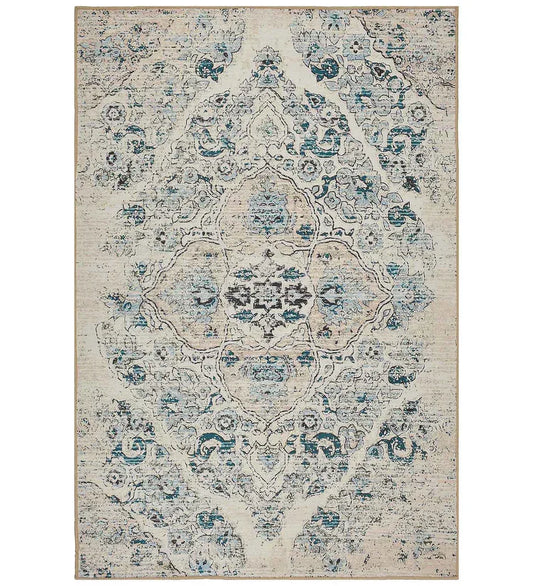 Ivory distressed Persian design rug with vintage-inspired detailing.