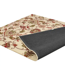 Oriental-style ivory wool rug with red and green details