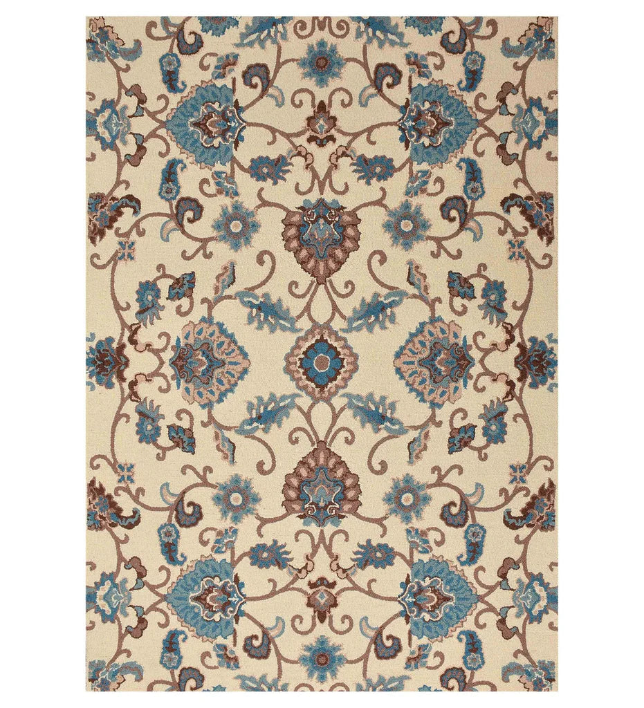 Ivory hand-tufted wool rug with blue and brown Persian floral design