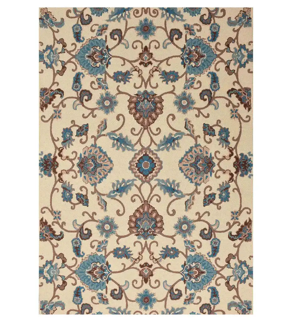 Ivory hand-tufted wool rug with blue and brown Persian floral design
