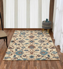 Traditional floral medallion rug in ivory, turquoise, and beige
