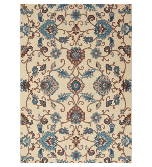 Ivory hand-tufted wool rug with blue and brown Persian floral design