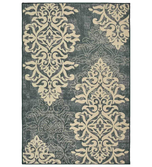 Ivory and charcoal vintage faded machine washable rug.