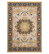 Ivory hand-tufted wool rug with golden floral medallion and navy border