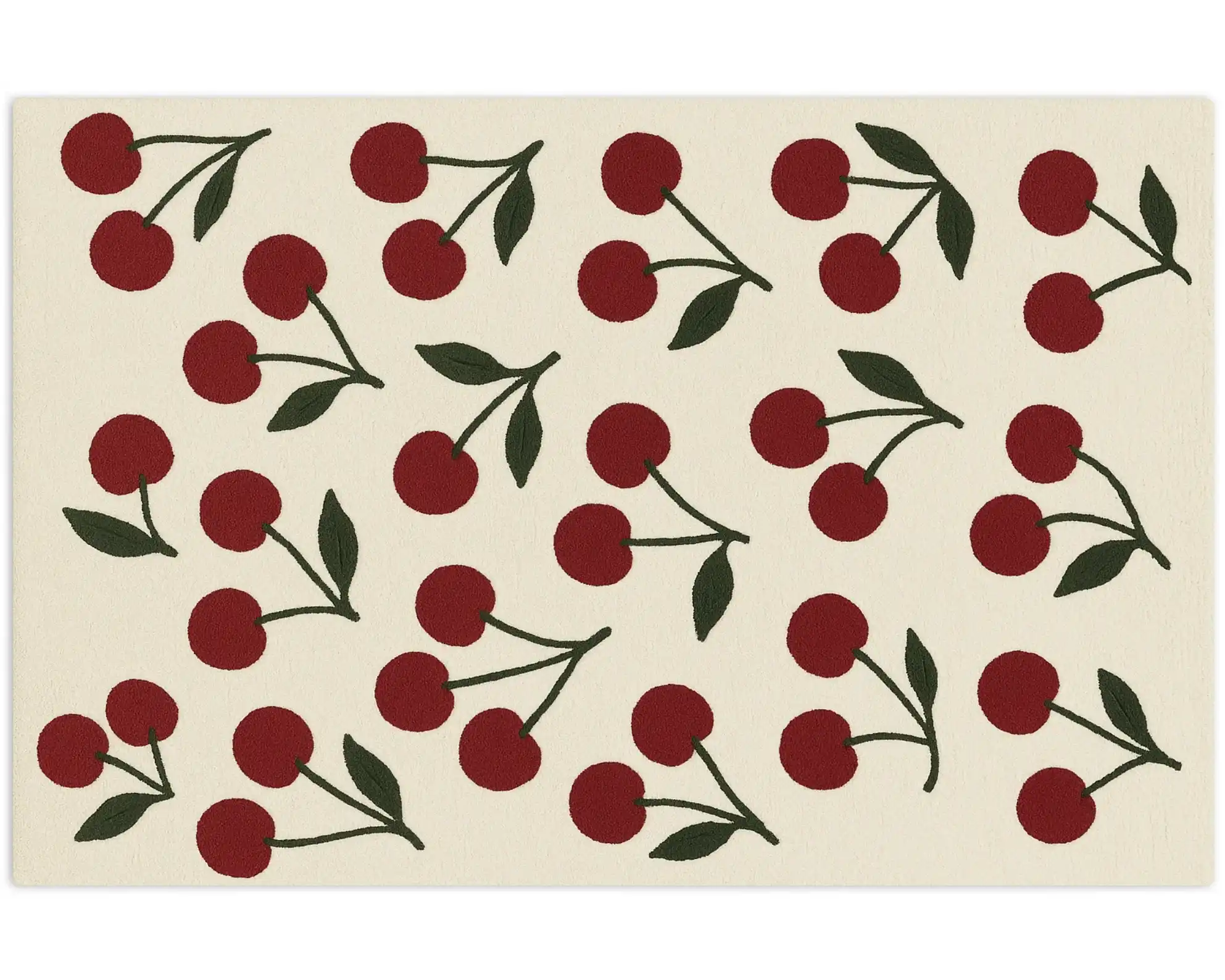 Modern cherry design rug with red motifs and green stems on an ivory base.
