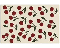 Modern cherry design rug with red motifs and green stems on an ivory base.
