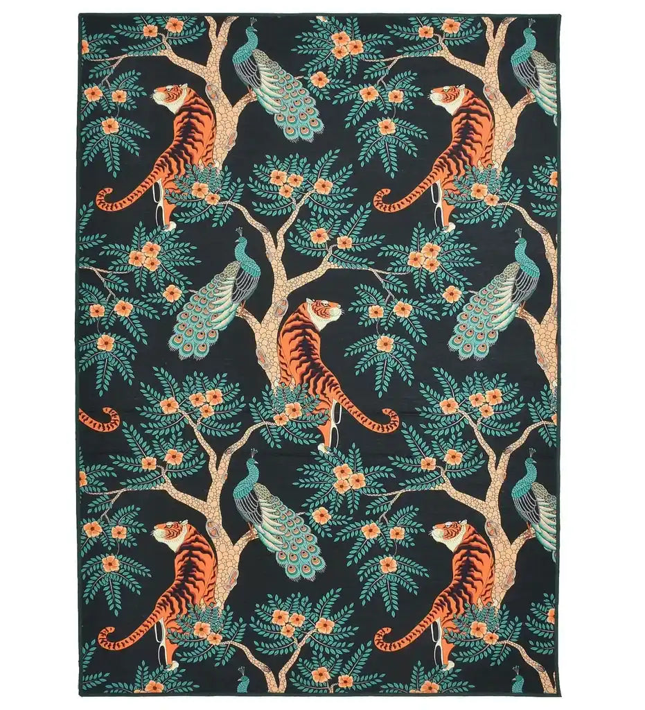 Jungle area rug with tigers, peacocks and flowers in a living room, 8' x 10'