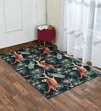 Dark tropical area rug with tigers, peacocks and floral branches in a living room, 8' x 10'