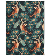 Jungle theme machine washable rug with tropical motifs.