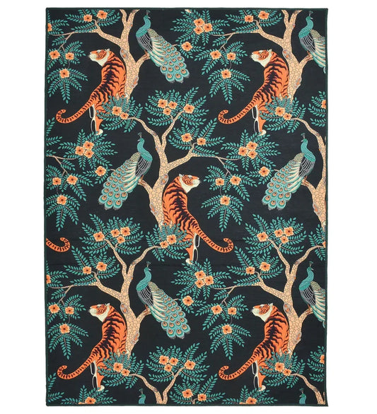 Jungle theme machine washable rug with tropical motifs.