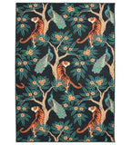Jungle area rug with tigers, peacocks and flowers in a living room, 8' x 10'