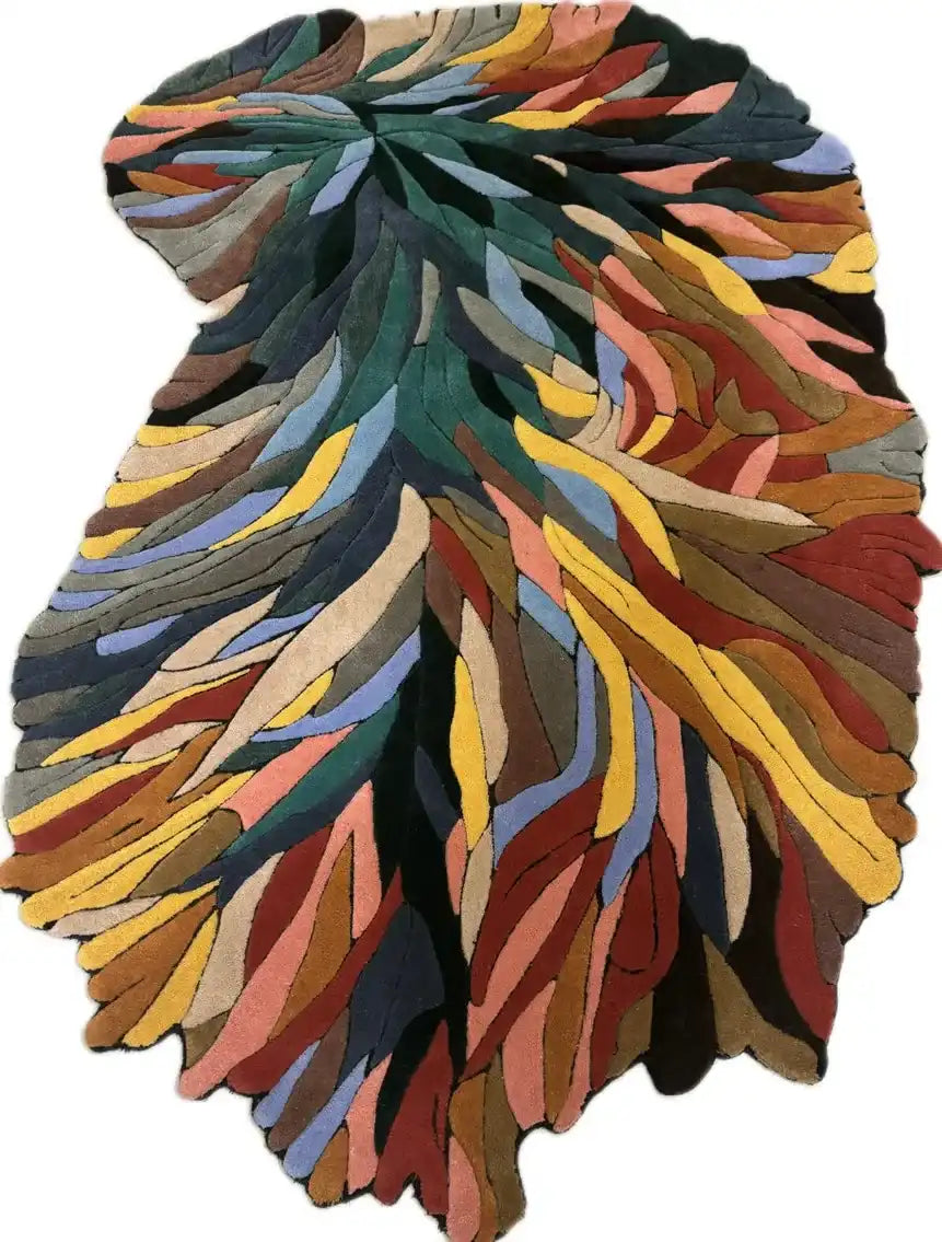 Handwoven luxury rug in leaf shape with multicolor abstract leaf pattern featuring earthy tones