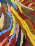 Colorful abstract leaf pattern luxury handwoven rug with curved stripes in yellow, red, blue, and earth tones