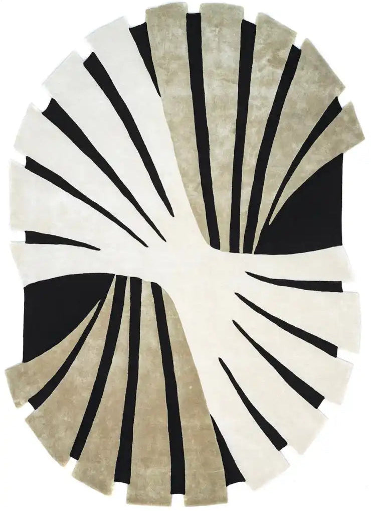 Luxury beige, black, and ivory sculptural oval hand-tufted wool rug.