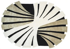 Modern abstract oval wool rug in beige and black tones.