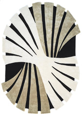 Luxury beige, black, and ivory sculptural oval hand-tufted wool rug.