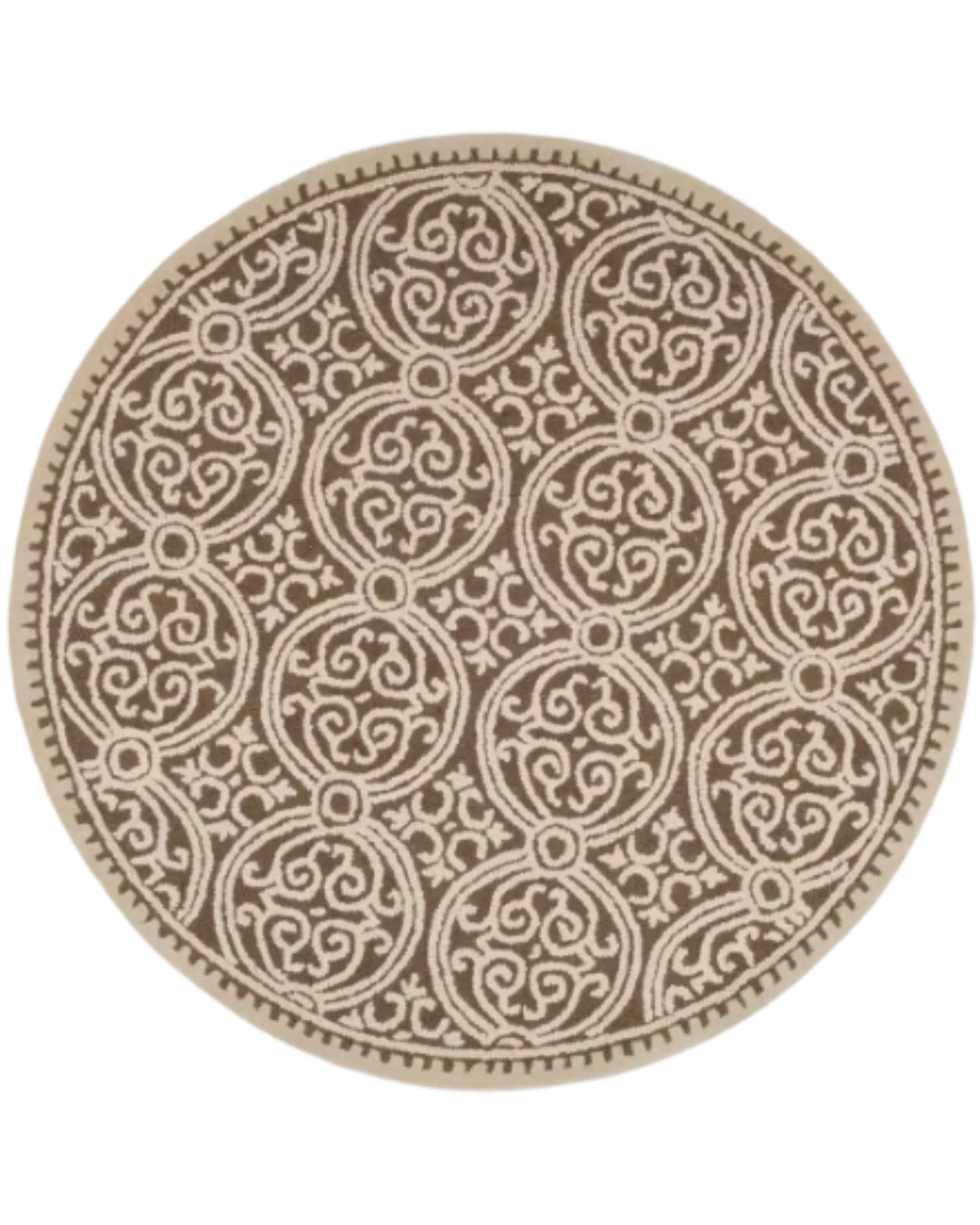 Beige and taupe round hand-tufted wool rug with medallion design.