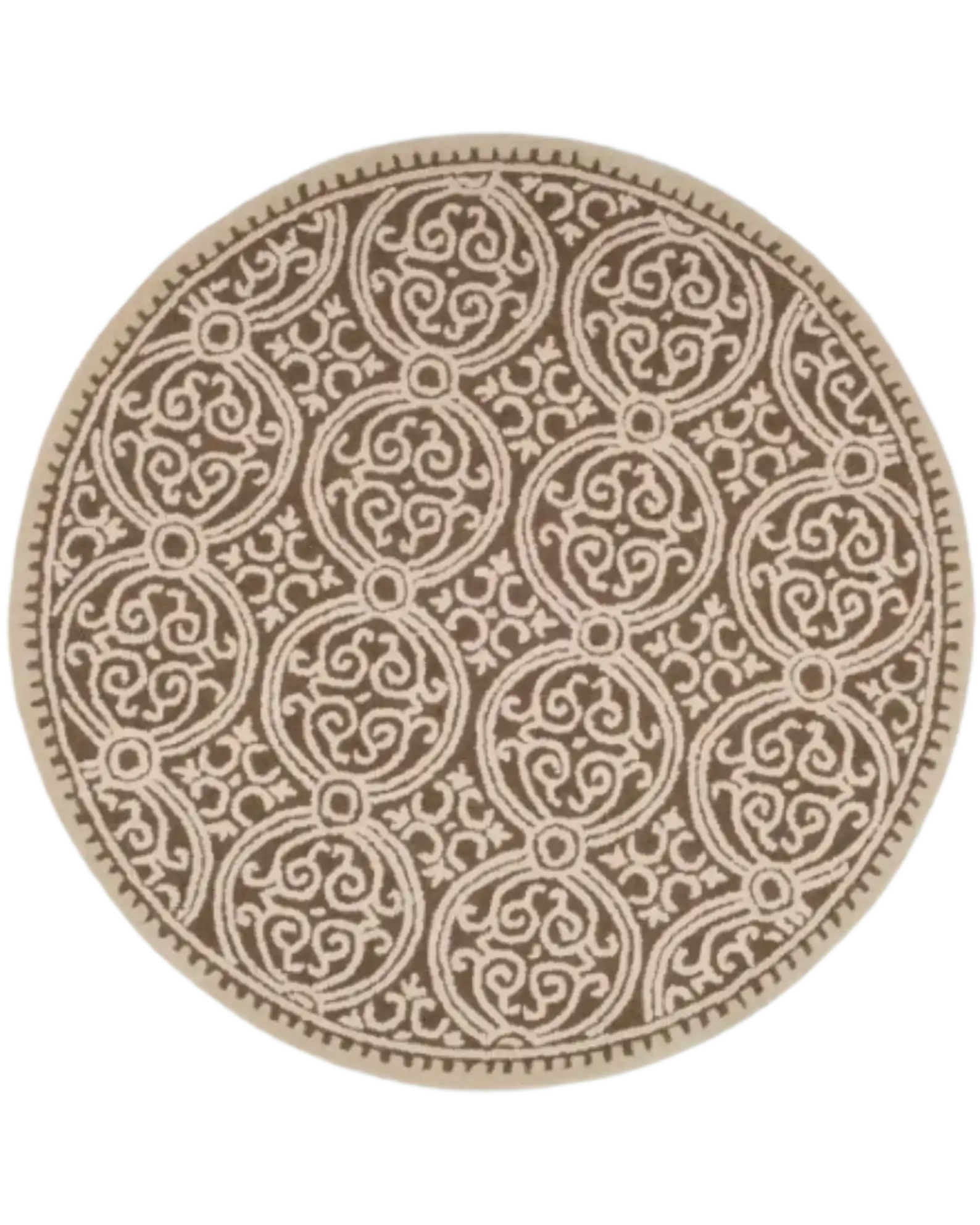 Beige and taupe round hand-tufted wool rug with medallion design.