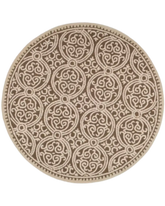 Beige and taupe round hand-tufted wool rug with medallion design.