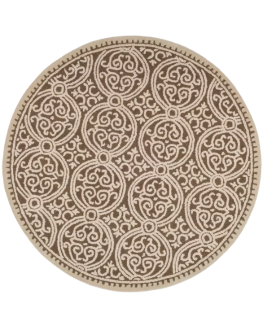 Beige and taupe round hand-tufted wool rug with medallion design.
