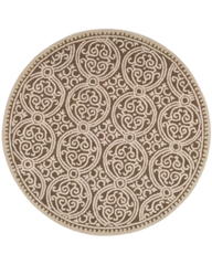 Beige and taupe round hand-tufted wool rug with medallion design.