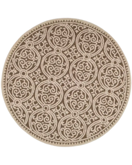 Beige and taupe round hand-tufted wool rug with medallion design.