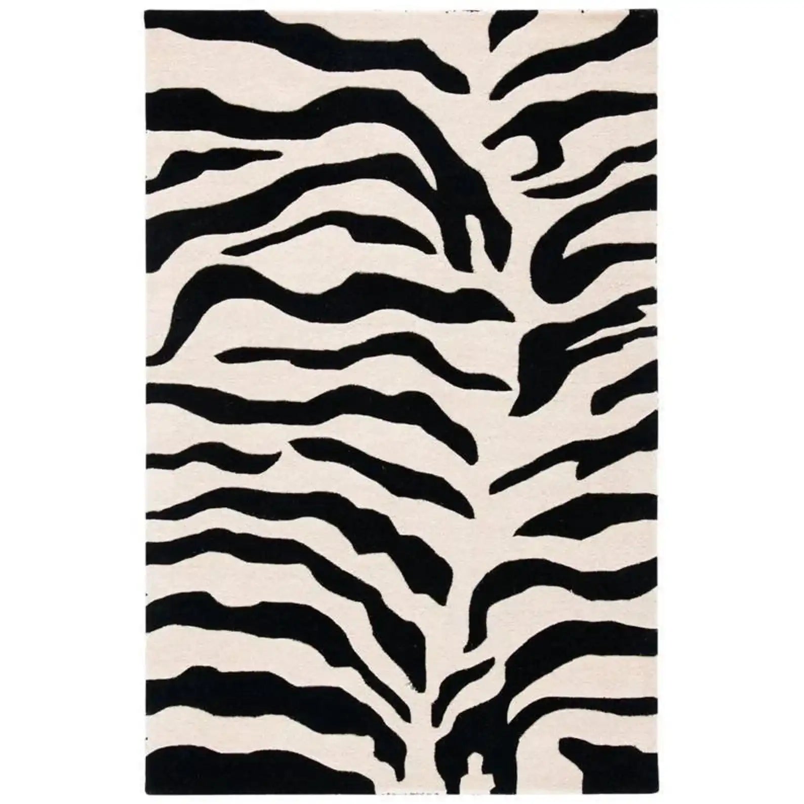 Black and ivory zebra print hand-tufted wool rug.
