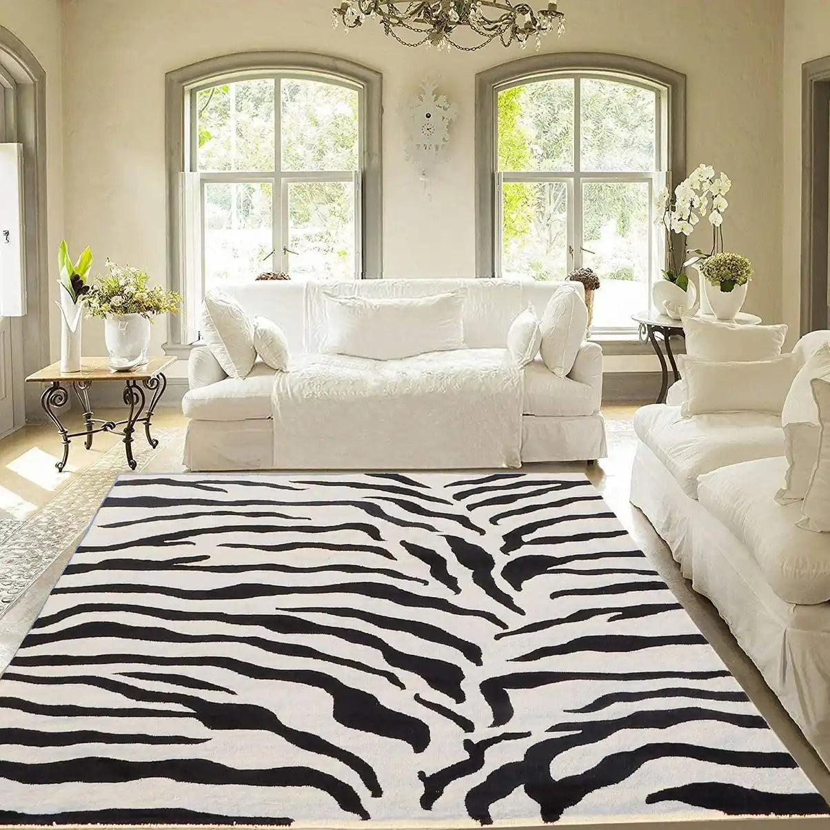 Luxury zebra pattern wool rug for modern living rooms.