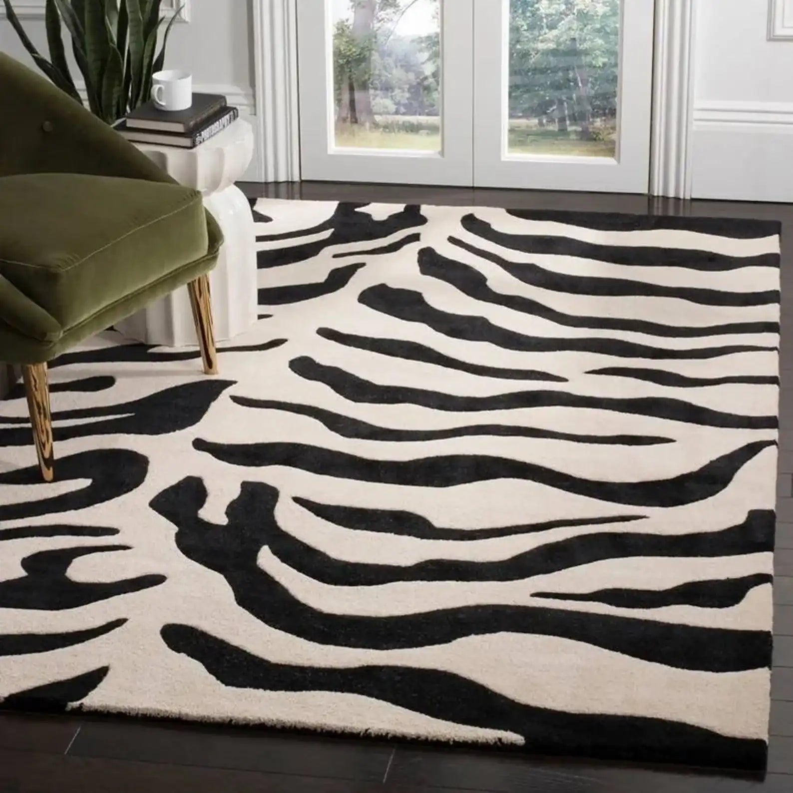 Modern hand-tufted zebra print rug for luxury interiors.