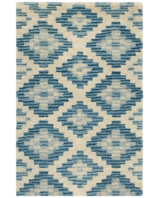 Blue and ivory diamond rug – hand-tufted wool geometric pattern.