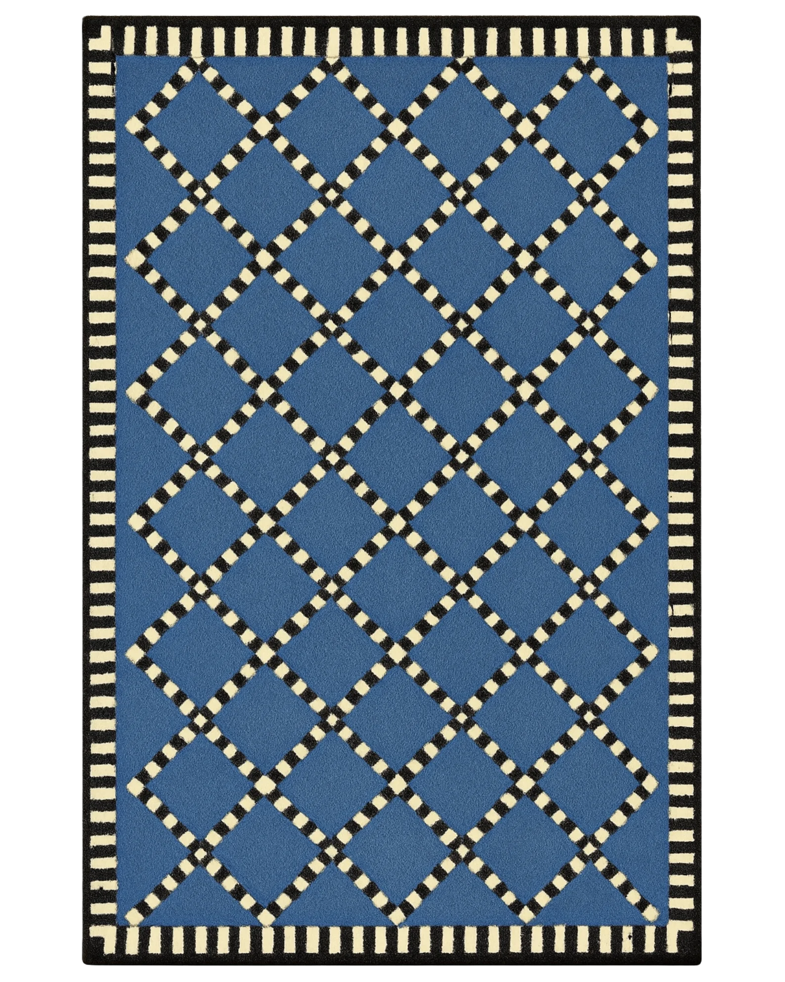 Blue and ivory diamond lattice rug – modern hand-tufted wool.