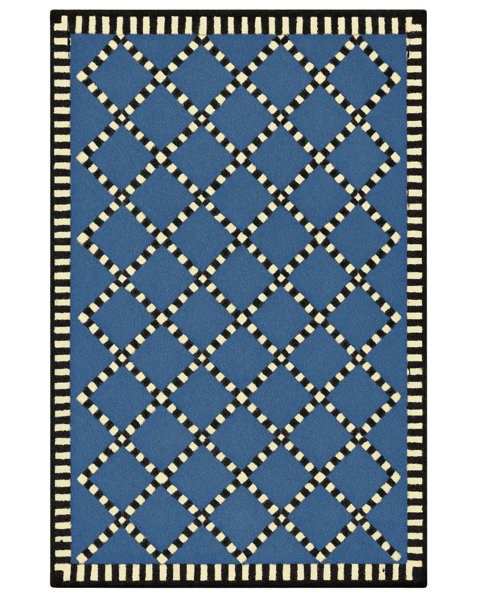 Blue and ivory diamond lattice rug – modern hand-tufted wool.