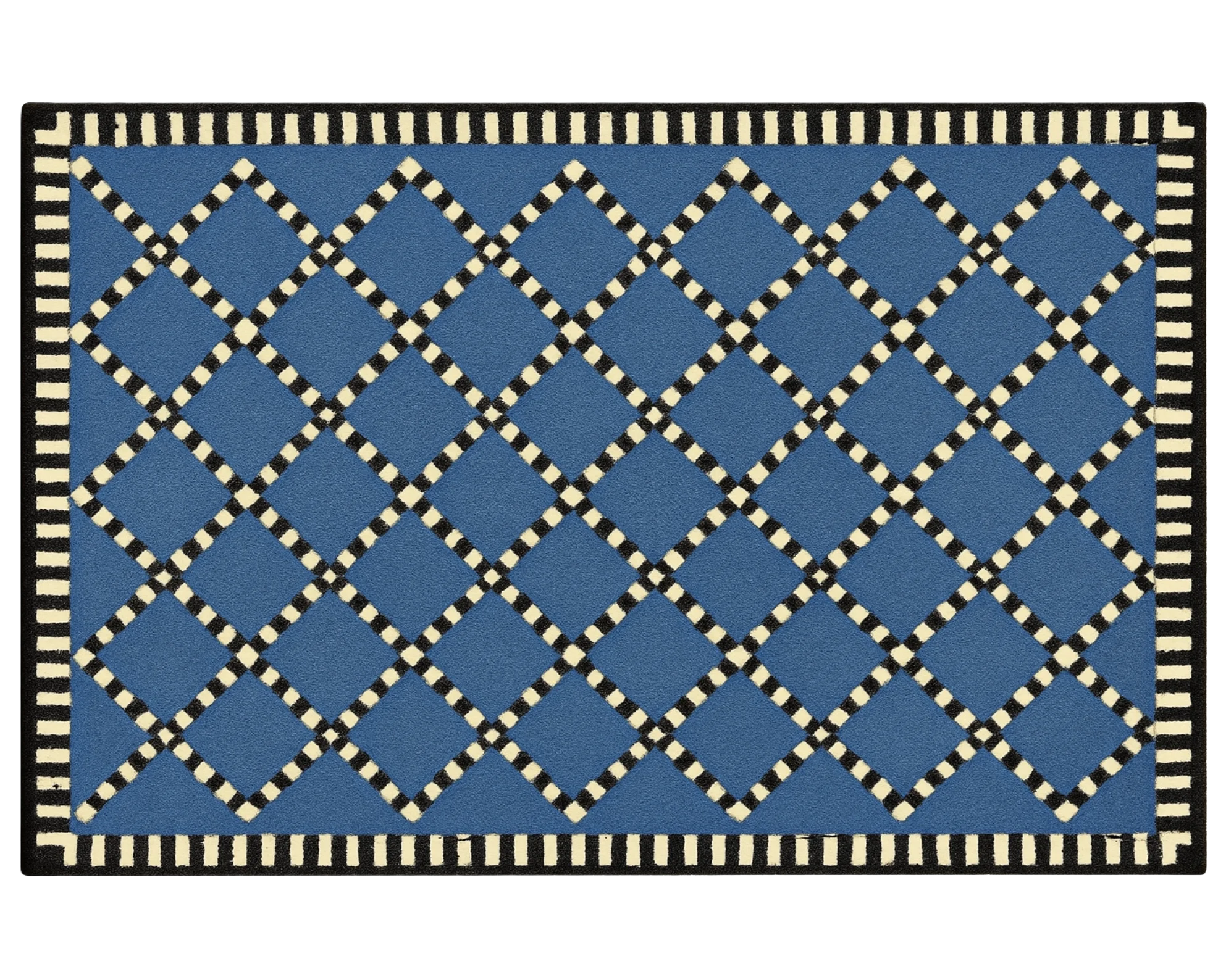 Geometric lattice diamond rug in blue and cream for modern decor.