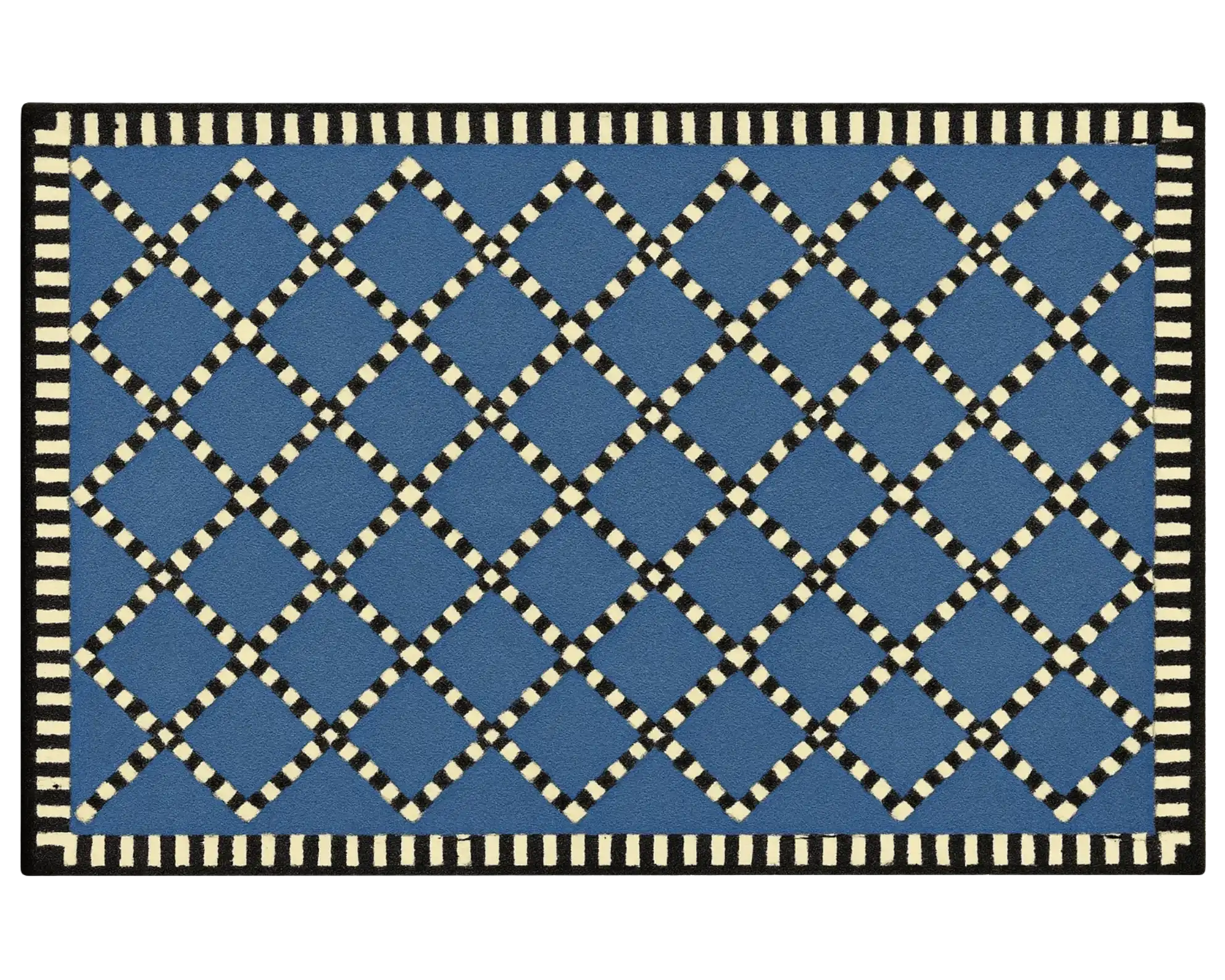 Geometric lattice diamond rug in blue and cream for modern decor.
