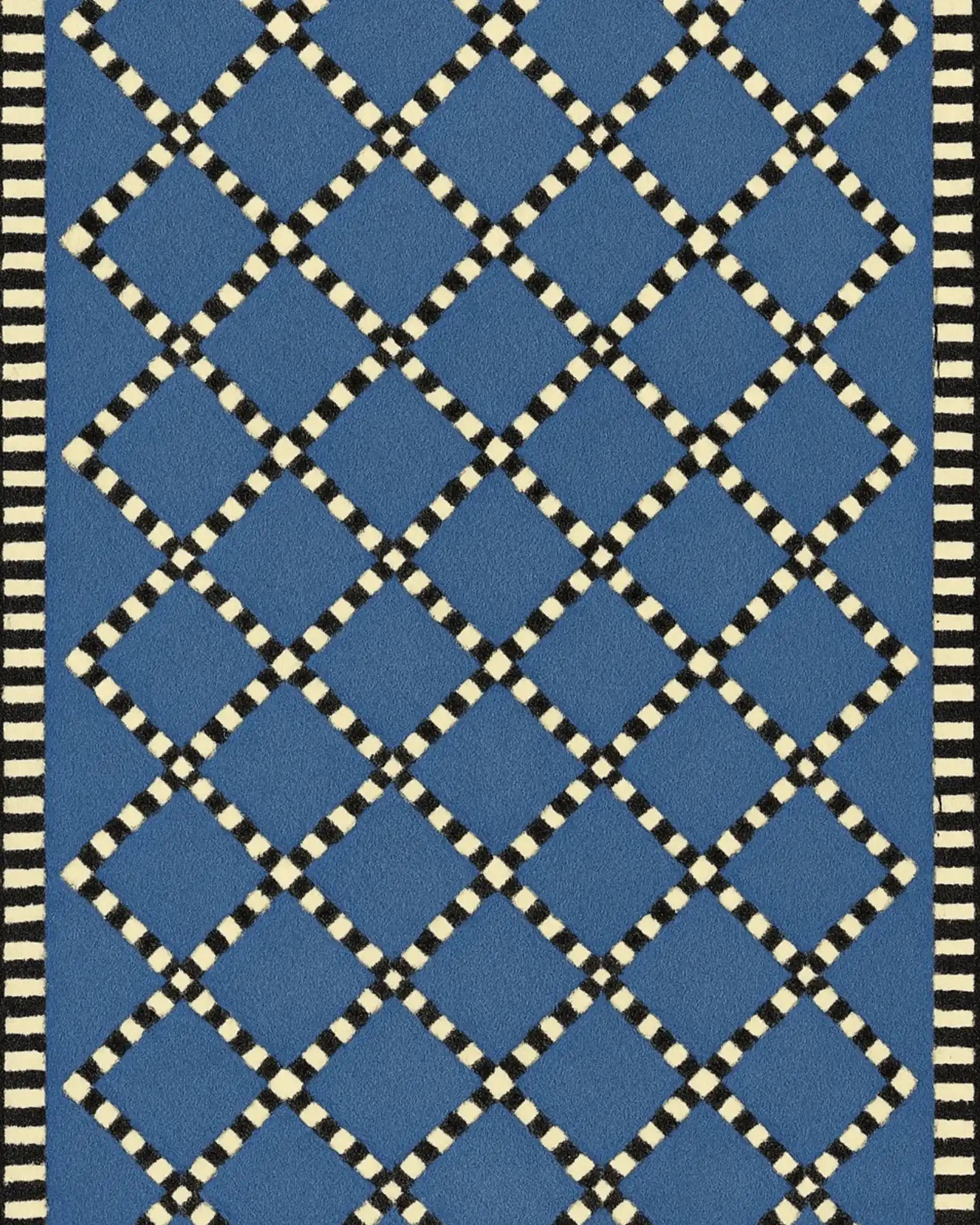 Blue lattice pattern diamond rug – handcrafted wool texture.