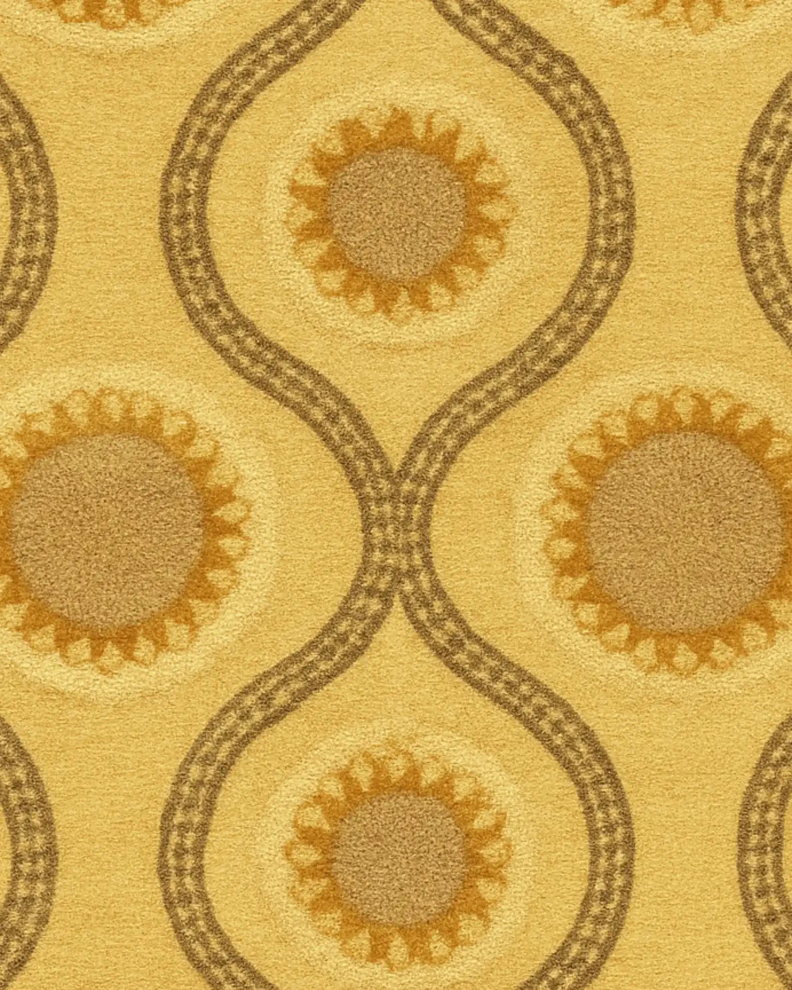 Handcrafted golden Medallion Rug featuring wavy geometric patterns.