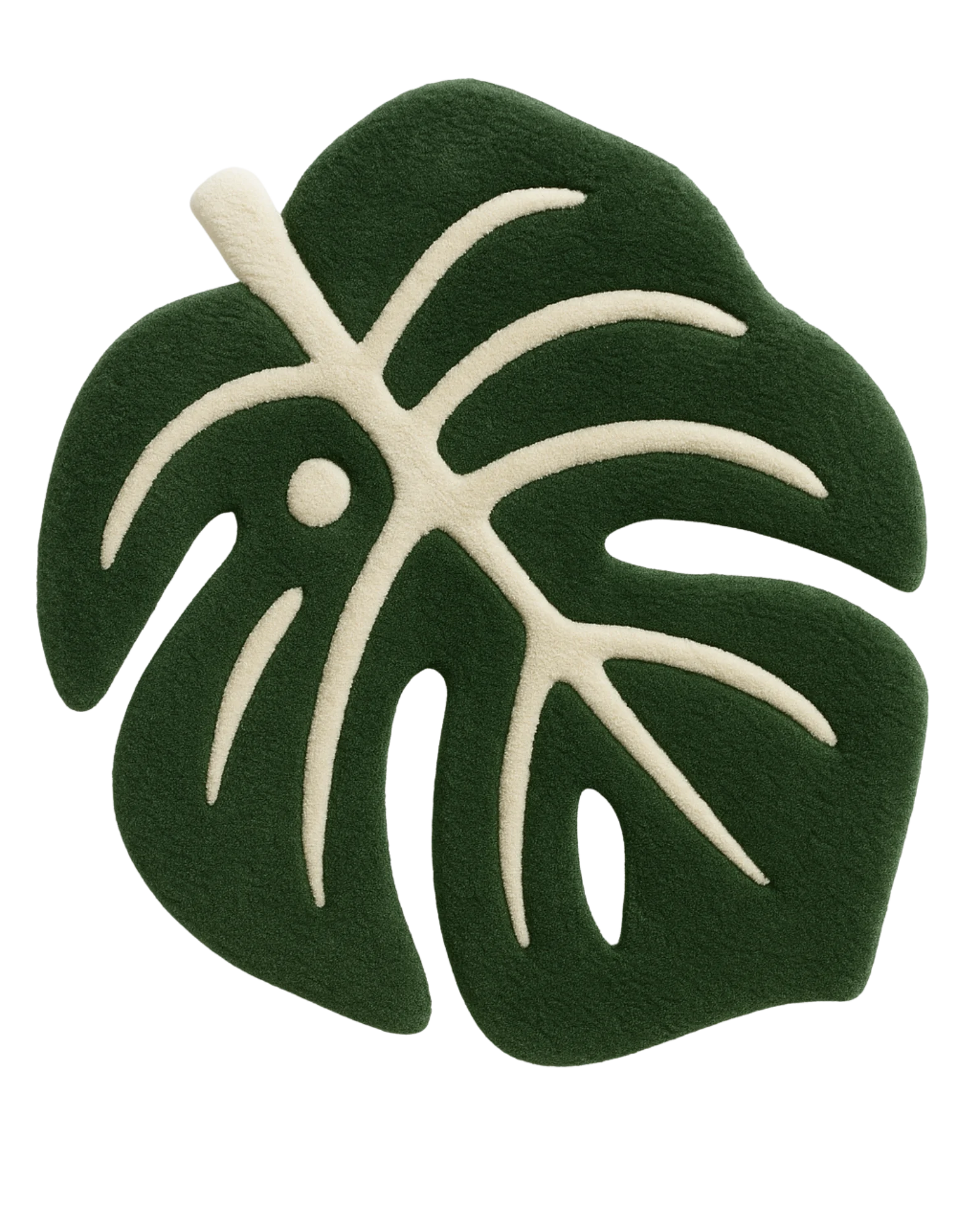 Luxury green and cream monstera leaf rug – hand-tufted wool design.
