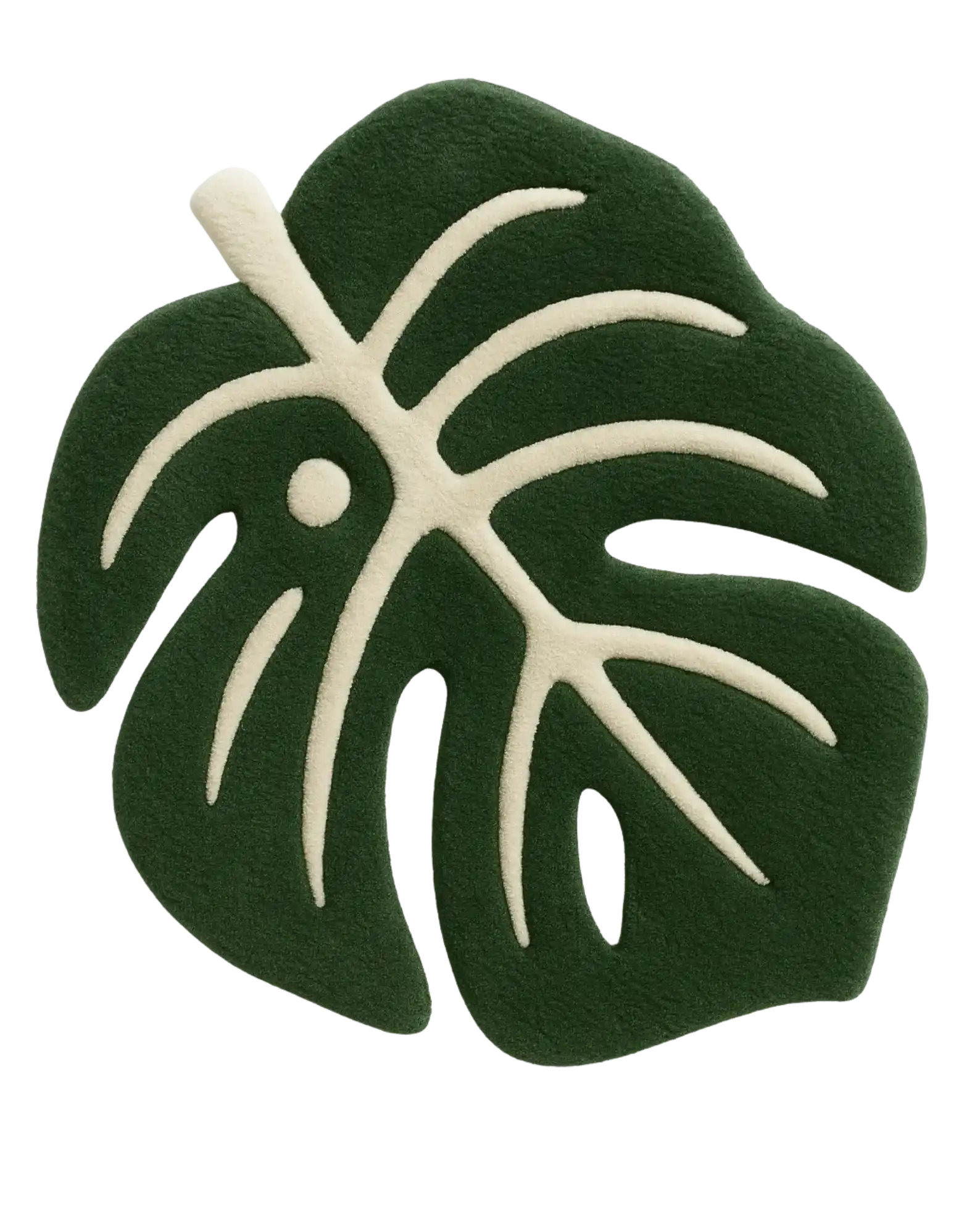 Luxury green and cream monstera leaf rug – hand-tufted wool design.