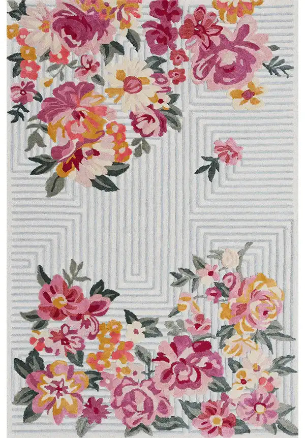 Luxury hand-tufted floral rug with pink and yellow bloom design.