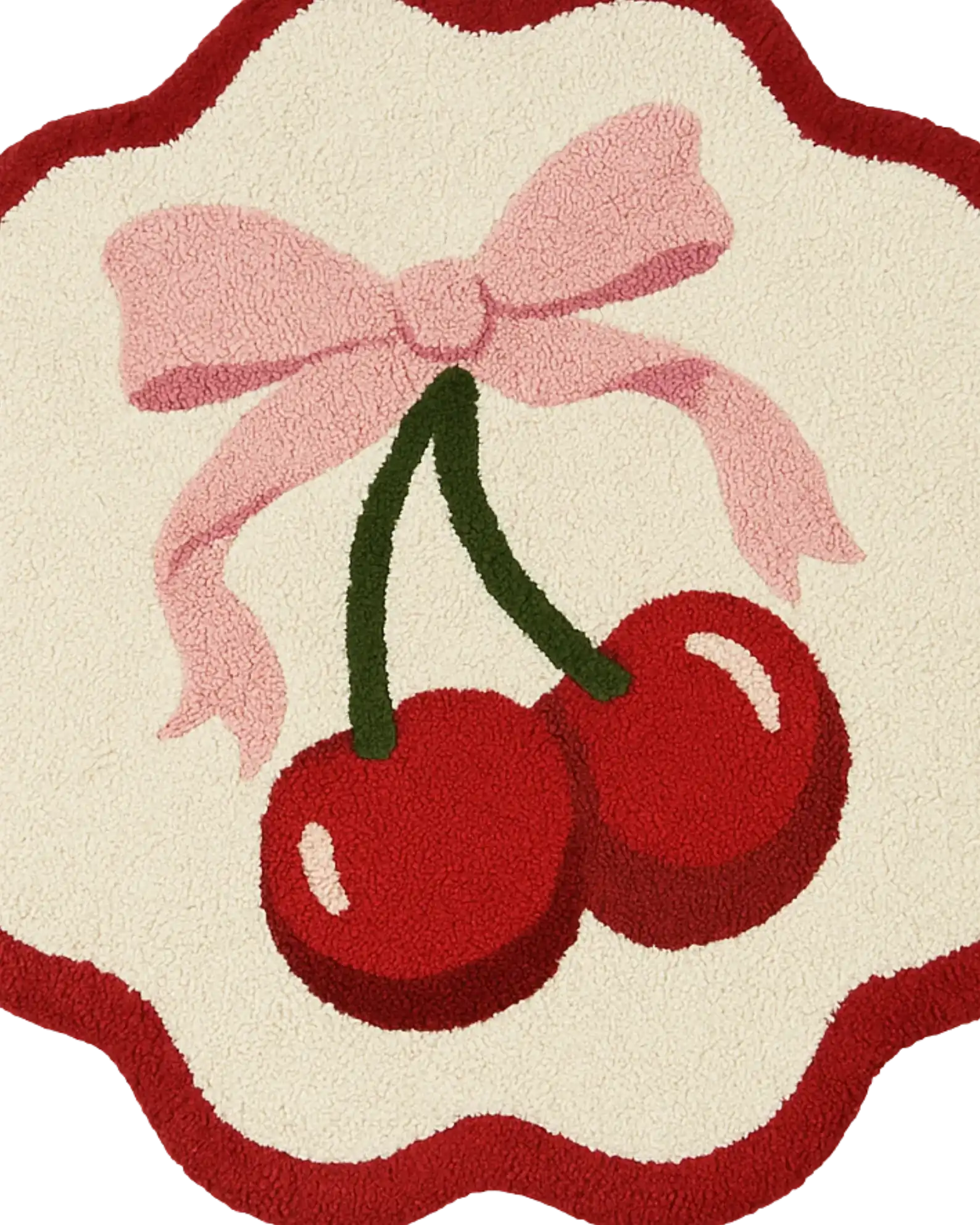 Cream and red round rug with playful cherry design and scalloped edges.