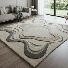 Luxury woollen hand tufted rug with abstract layered pattern in neutral tones on wood floor in modern living room