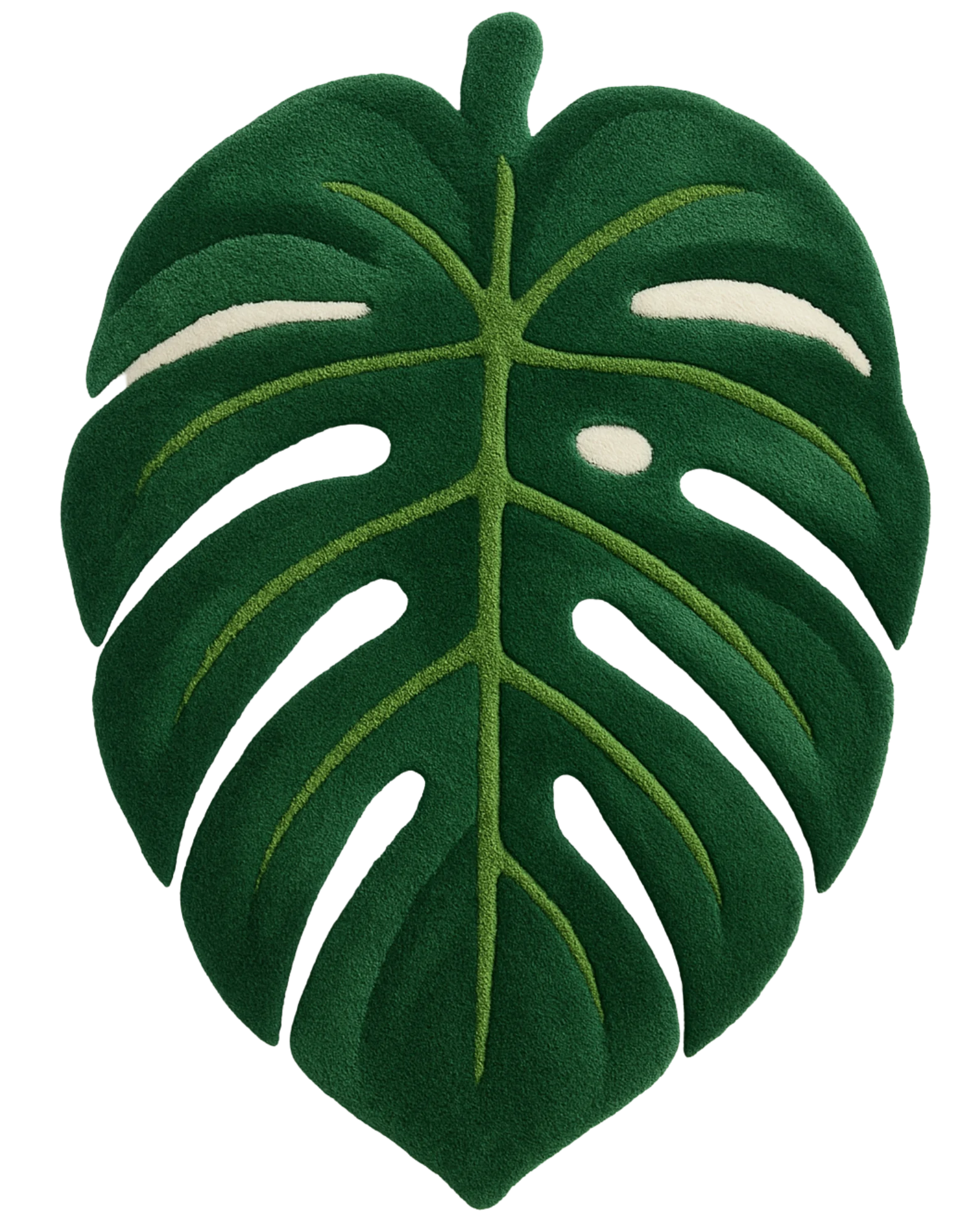 Hand-tufted tropical green monstera rug in luxury wool.