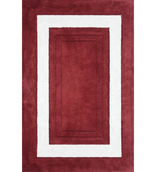 Red and white bordered hand-tufted wool rug with rectangle design