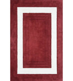 Red and white bordered hand-tufted wool rug with rectangle design