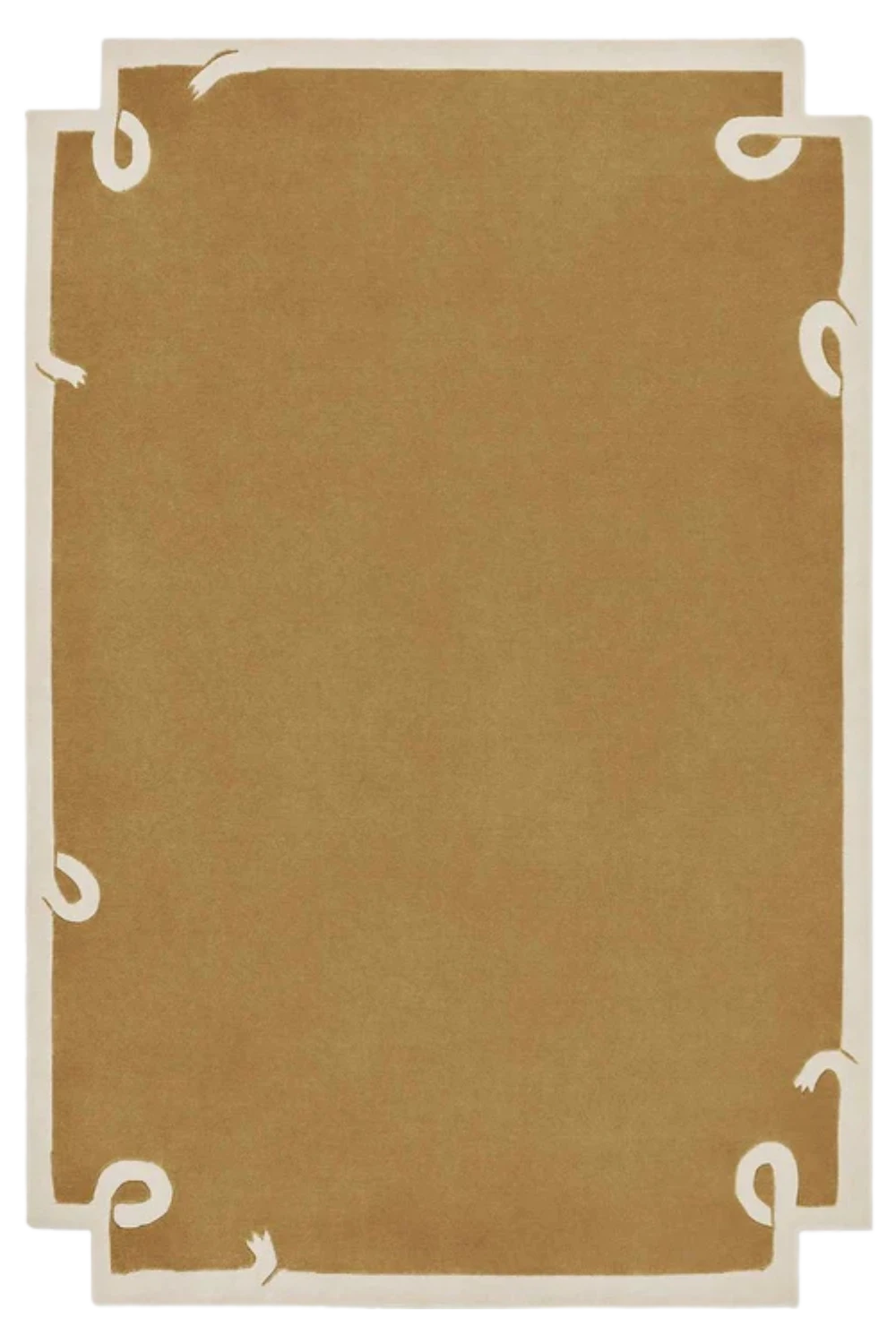 Minimalist camel brown hand-tufted wool rug with ivory border accents.