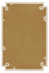 Minimalist camel brown hand-tufted wool rug with ivory border accents.