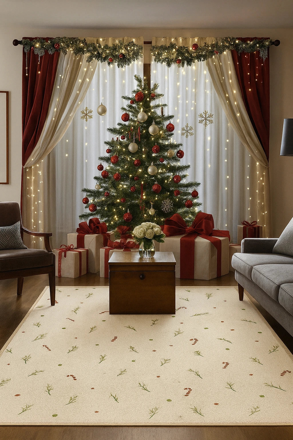 Holiday area rug with modern candy cane and mistletoe design
