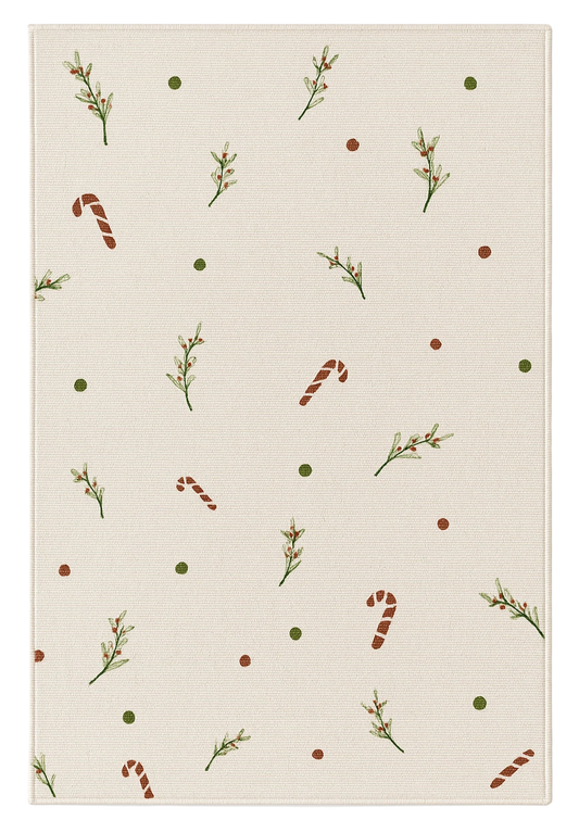 Minimalist Christmas rug with candy canes, mistletoe, and festive dots