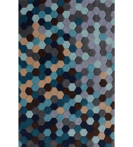 Geometric hexagon hand-tufted wool rug in blue, grey, and brown