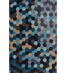 Modern geometric rug with hexagon pattern in gradient shades of blue, beige, gray, and brown